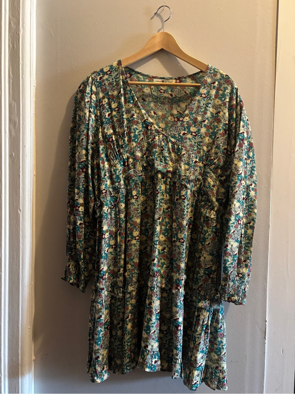 Natural Life Floral V-Neck Long Sleeve Swing Dress - Green Floral
